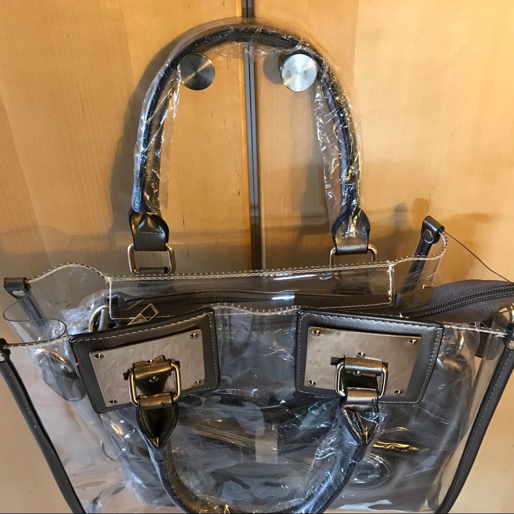 PEWTER AND TRANSPARENT 2-IN-1 SATCHEL TOTE HANDBAG - Picture 9 of 15